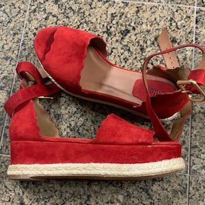 Red Suede Scallop Espadrille Sandals - Women